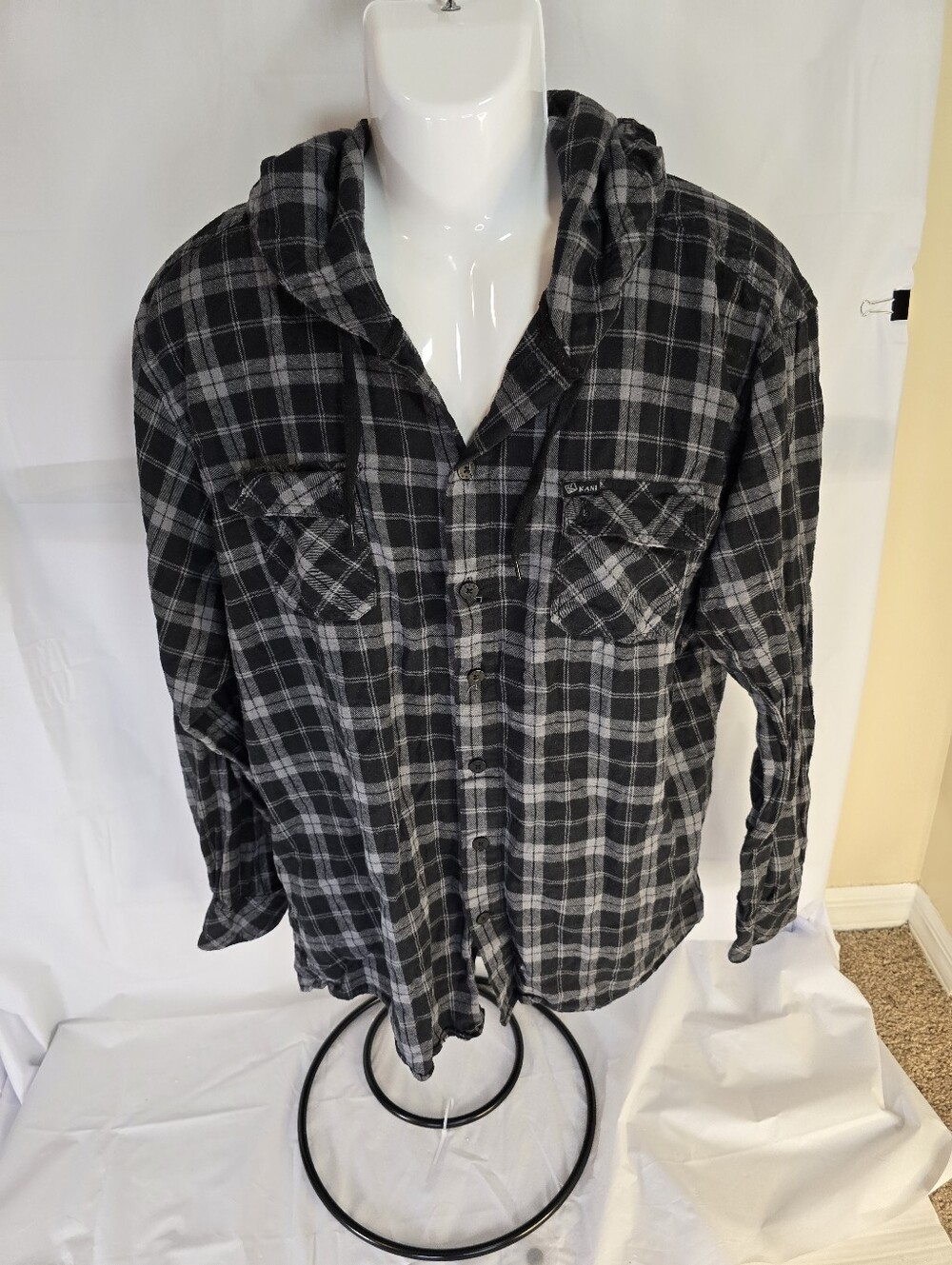 RARE Vintage Karl Kani Jeans 89 Black Gray Plaid Flannel Hoodie Shirt XXL